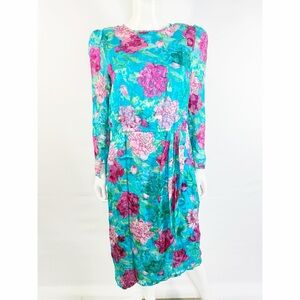 Anne Crimmins for Umi Collections Blue Floral Shift Dress Size L Vintage 80s